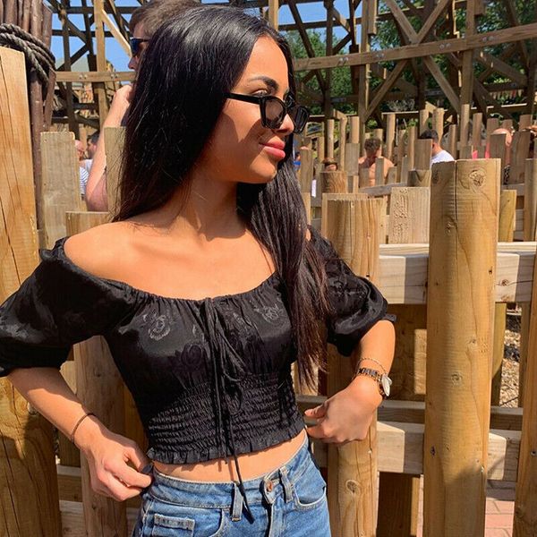 

autumn women off shoulder drawstrings neck long sleeve pullover crop elastic shirred waist satin dark floral print t-shirts, White