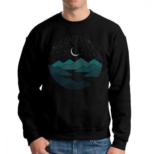 

night sky mountains moon lake men's hoodie long sleeve boyfriend organic cotton casual pullovers, Black
