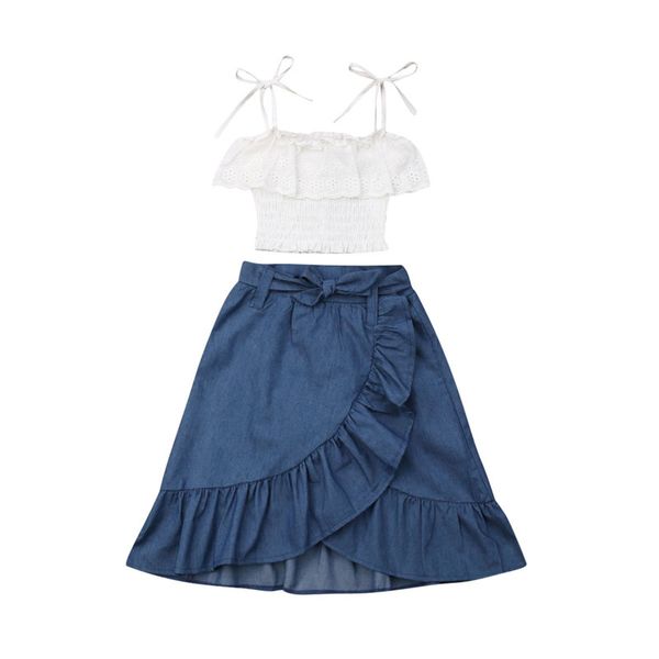 

summer toddler girls clothes sling lace crop denim maxi skirts ruffles children kids girls korean style clothing outfits, White