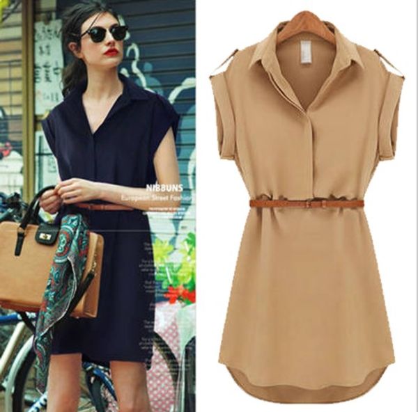 

Womens Dress European and American Short Sleeved Loose Shirt Skirt Large Size Slim Women Chiffon Dress 3 Color Asian Size S-2XL