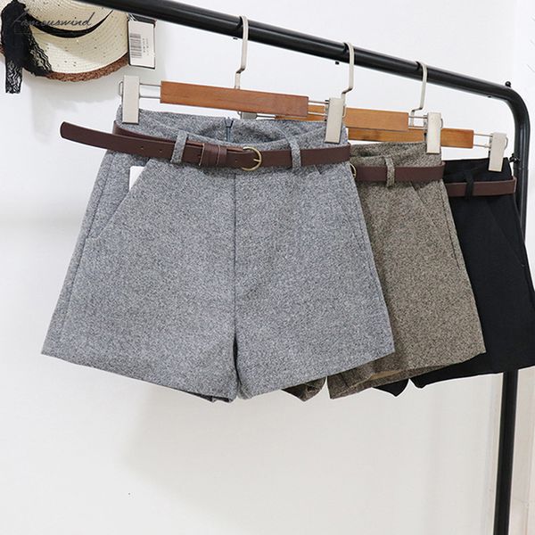 

casual new elegant wild shorts with belt womens solid woolen autumn winter comfortable slim wide leg a line shorts bigsweety, White;black