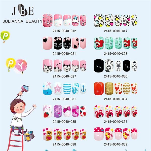 

24pcs press on children candy false nail tips cartoon full cover kid pink fake nail art for little girls 14 design manicure tool, Red;gold