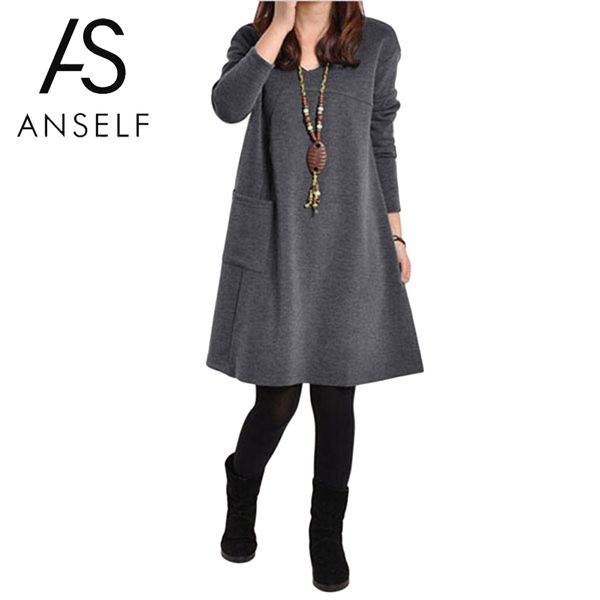 

2019 autumn winter large sizes dress elegant girls school dress women plus size 3xl 4xl 5xl long sleeve v neck loose basic, Black;gray