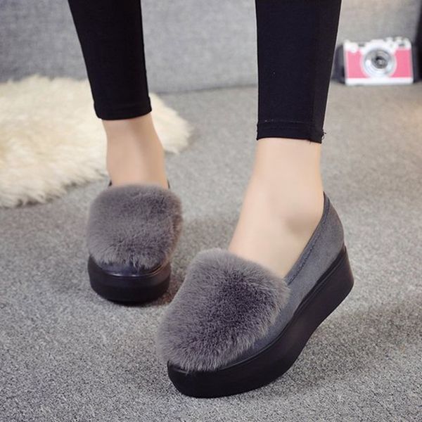 

winter women shoes loafers plus size creepers flat platform fleece shoes slip on flat fur for female moccasins, Black
