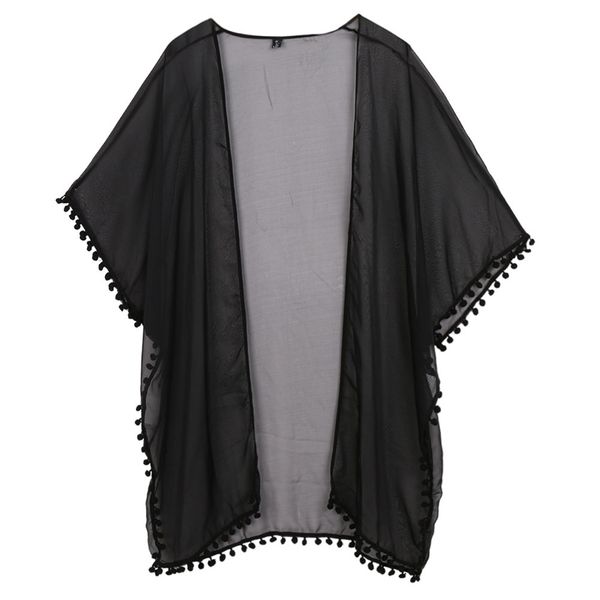 

women chiffon kimono cardigan boho short sleeve plus size long blouse solid side split perspective shirt summer cover up beach, White