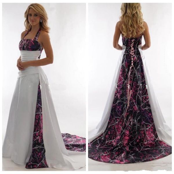 Elegante Halter Camo A Line Abiti da sposa Raso increspato Sweep Train Abiti da sposa da sposa con lacci BC3340