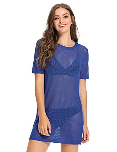 

makemechic women's short sleeve see through sheer mesh t shirt dress, Black;gray