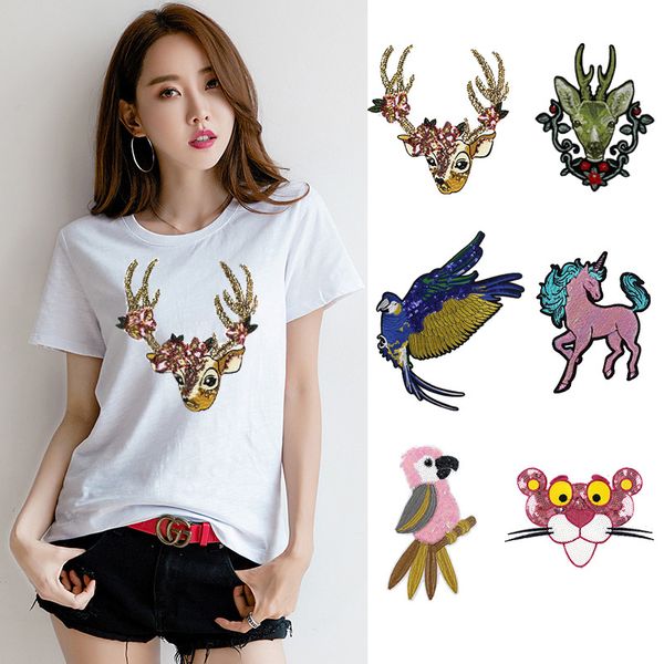 

gugutree sequins embroidery big deer bird horse tiger patch animal cartoon patches badges applique patches for clothing dxl-2, Black