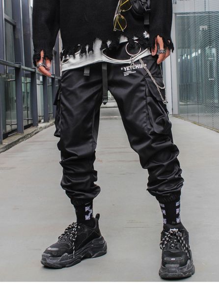 

Januarysnow Men Streetwear Hip Hop Black Cargo Pants Pockets Harajuku Harem Pants Swag Ribbon Joggers Pants HipHop Sweatpants Trousers