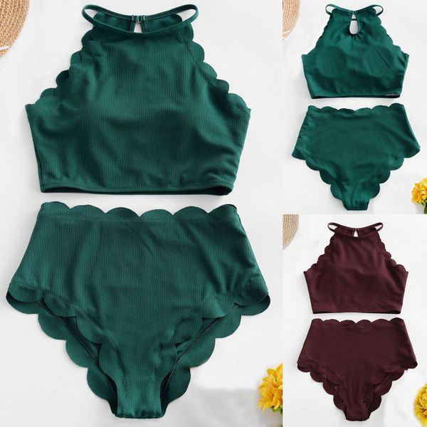 

Women Sexy Soilds Textured Scalloped Tankini Swimsuit BIkini Beachwear Swimmear maternity swimwear costumi da bagno donna