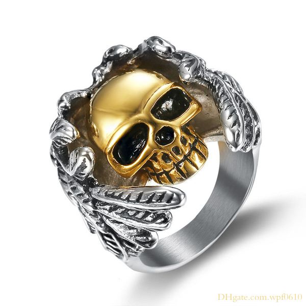 

hip hop punk style golden skull head and angle wings design stainless steel finger rings jewelry, Silver