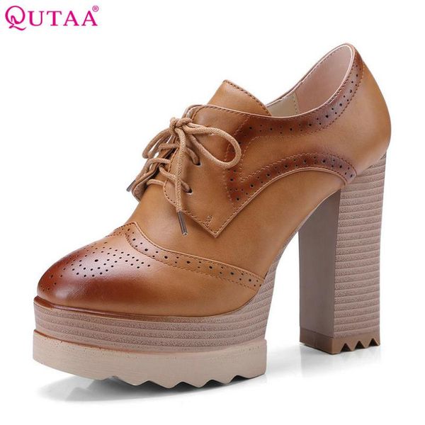 

qutaa 2020 women pumps lace up woman shoes pu cut outs square super high heel platform classic ladies casual pumps szie 34-42, Black