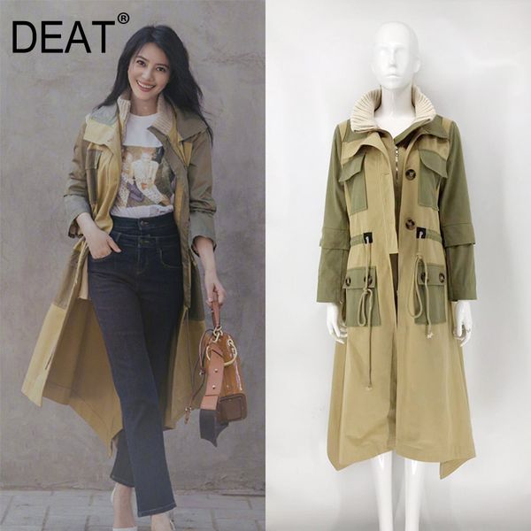 

deat] 2020 women's trench coat knitted patchwork pocket slim waist straight loose over long safari style autumn fashion am716, Tan;black