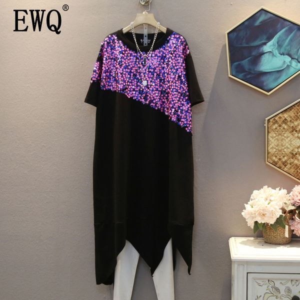 

ewq] 2020 spring summer new arrivals o-neck short sleeve solid pattern women fashion casual loose irregular dress ay71601, Black;gray