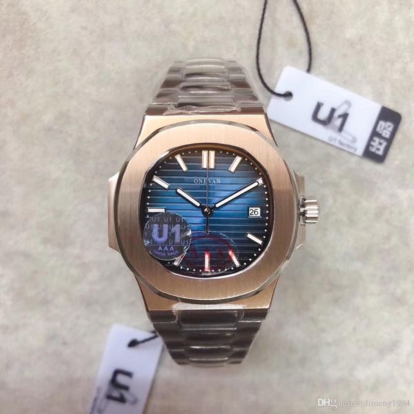 

watch blue dial transparent back u1 factory movement engraved nautilus pp automatic mechanical stainless steel male wrist watch, Slivery;brown