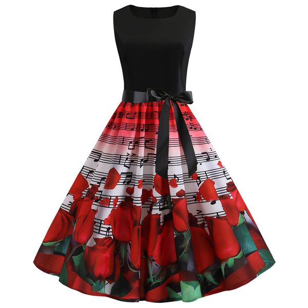 

women vintage 1950s retro sundress elegant dress sleeveless o neck floral print evening party prom swing dress vestidos mujer, Black;gray