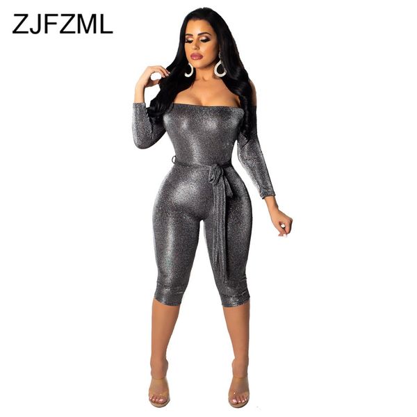 

shiny lurex one piece playsuit women slash neck open back bodycon short jumpsuits elegant long sleeve sashes bandage romper, Black;white