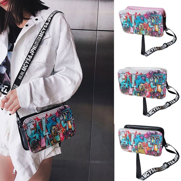 

40#fashion ladies lleather personality european and american tide graffiti zipper shoulder bag messenger bag taschen women