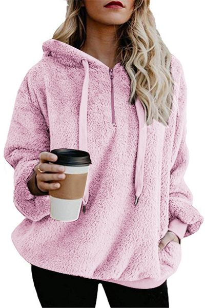 

2019 europe and the united states long sleeve zipper hooded solid color women's sweater velvet jacket, Black