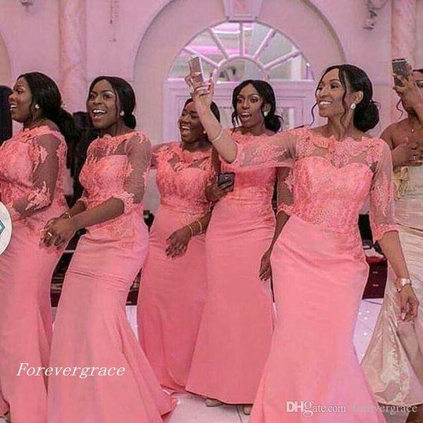 2019 Vestido de dama de honor de coral barato Ceremonia de boda Sirena Largo Niñas negras nigerianas Vestido de dama de honor formal africano Tallas grandes por encargo