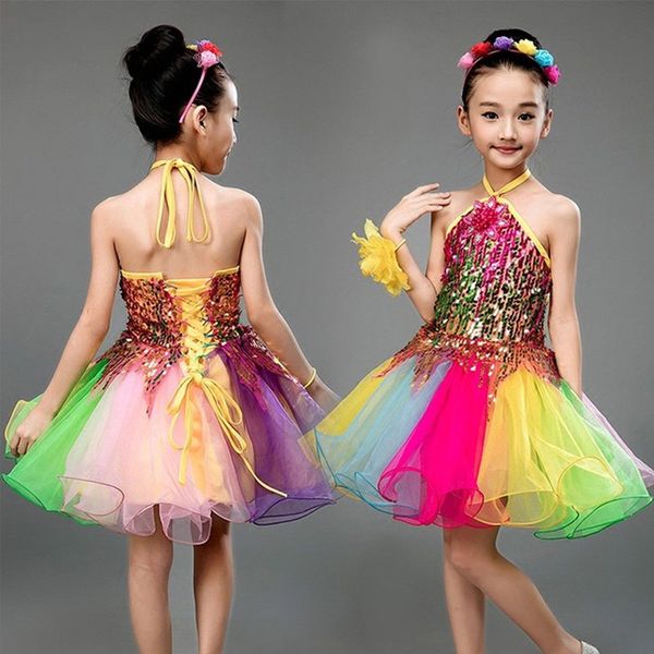 

stage wear kids sequin dance dress leotard tutu skirt princess dresses girls pography chorus gauze performance costume dancing acc, Black;red