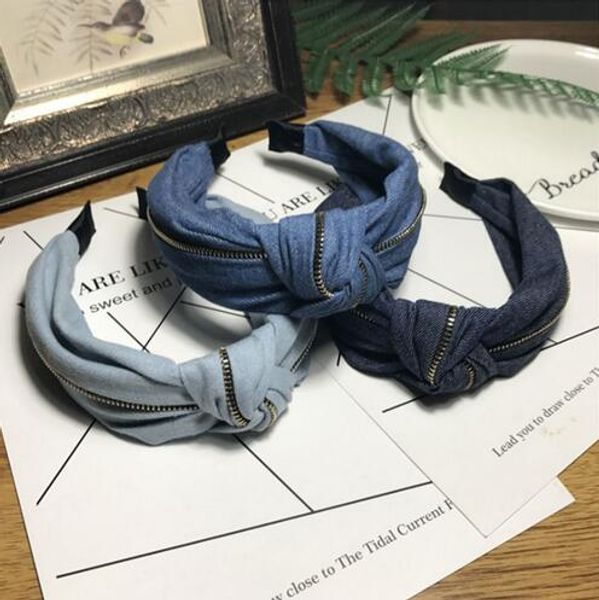 

new fashion boutique hair accessories women's denim zipper bow headband middle knot knot headband hair band wild headdress girl gb495, Silver