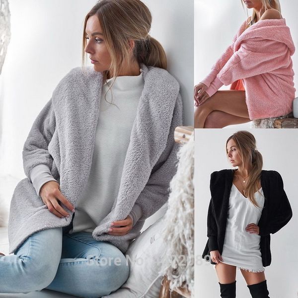 

new women winter faux fur warm hoodies casual long sleeve coat loose hooded outwear, Black