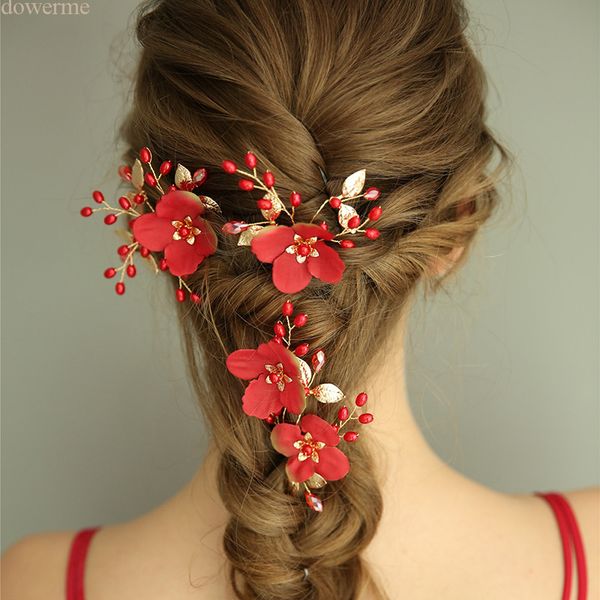 Wholesale Red Floral Women Prom Hair Accessories Pearls Bridal