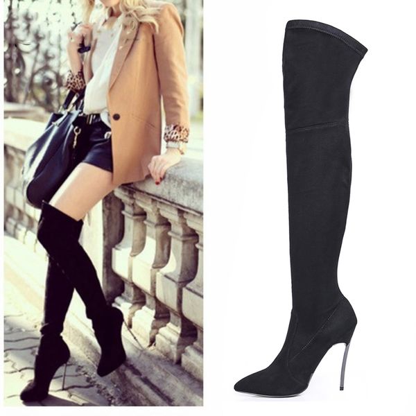 

autumn winter women boots stretch slim thigh high boots over the knee boots high heels pointed toe sapatos, Black