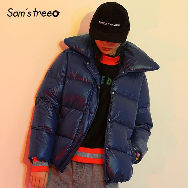 

samstree casual winter women down jacket turn-down collar down short coat solid color preppy style outwear coats, Black