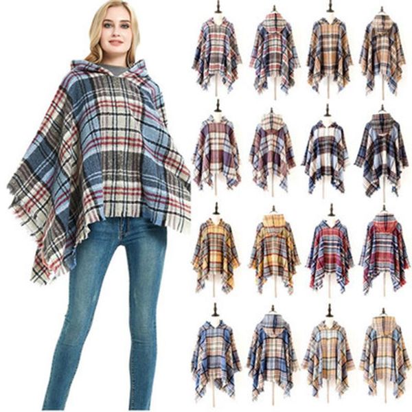 

new fashion arrival women lattice hooded cloak winter warm grid long fringed pashmina cover-ups an2659