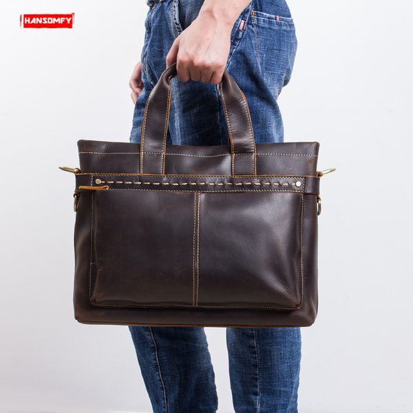 

2019 retro crazy horse leather men's briefcase first layer leather laphandbag business male travel shoulder messenger bags