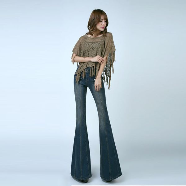 

2018 урожай высокая талия упругие flare джинсы женщины ретро стиль bell bottom узкие джинсы женщина темно-синий серый wide leg denim pant, Blue