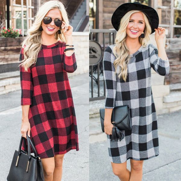 

plaid printed womens dresses casual loose slim long sleeved crew neck dresses fashion womens party dresses, Black;gray