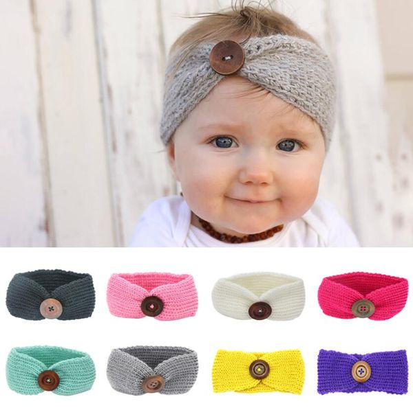 Sıcak Bebek Kız Moda Yün Tığ Kafa Örme Hairband Düğme Dekor Kış Yenidoğan Bebek Kulak Isıtıcı Başkanı Headwrap 8 Renkler ile