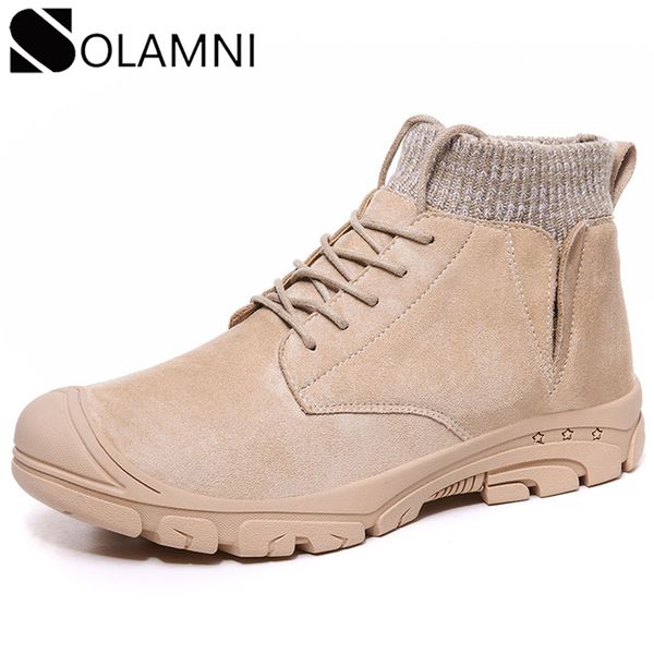 

autumn winter men boots leather warm fur snow boots for man waterproof anti-slip platform ankle lace-up mens plush shoes, Black