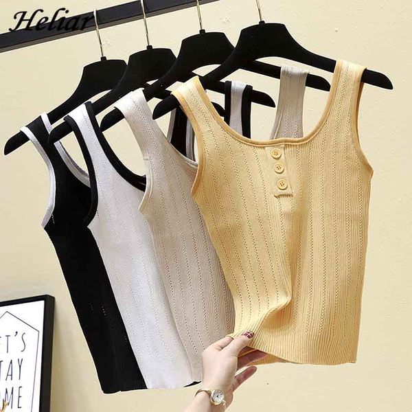 

heliar female knitting camis spaghetti button korean female solid tank o-neck casual camisole 2019 summer femme, White