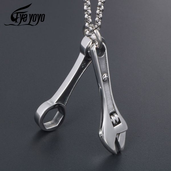 

eyeyoyo men tool necklace fashionable simple trend titanium steel wrench pendant titanium steel casting, Silver
