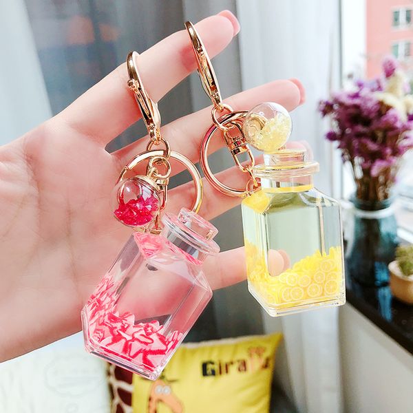 

cute girl heart floating fruit bottle key chain water world animal quicksand key chain bag pendant, Silver