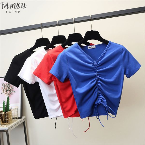 

female cotton v neck drawstring t shirt short sleeve neck summer casual solid t shirt high waist slim t shirts for women, White