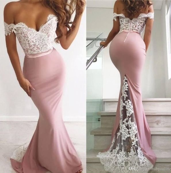 

stunning mermaid pink evening dresses 2020 elegant off shoulders appliques prom gowns long bridesmaid dresses bc0359, Black;red