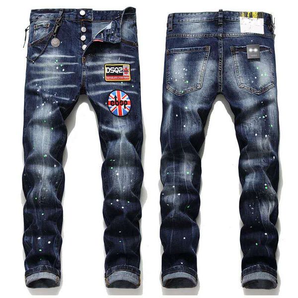 

the new tattered splash-resistant slim-fit patch elastic jeans male personality trend european and american motorcycle jeans designer explos, Blue