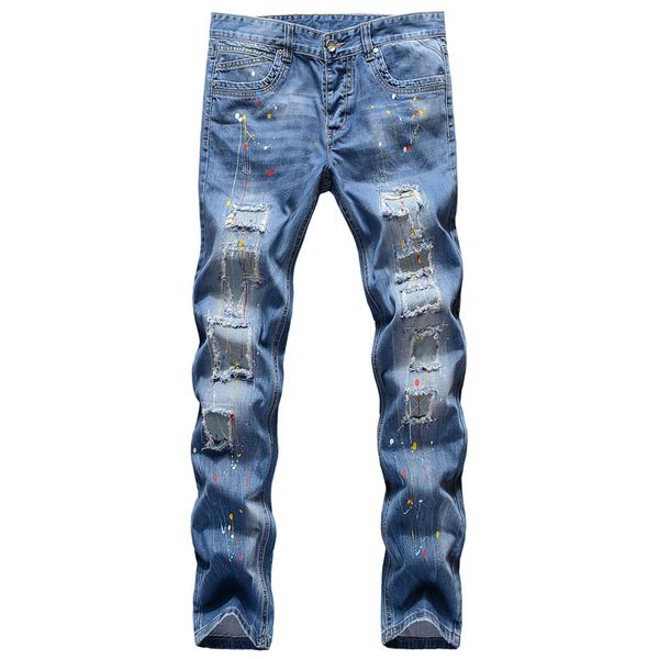 

unique mens distressed painted slim fit jeans fashion designer spring summer light blue biker denim pants big size motocycle trousers dy7002