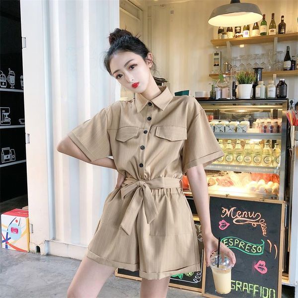 

women linen jumpsuit mini shirt jumpsuits casual lantern seeve short jumpsuits turndown collar lace up linen female, Black;white