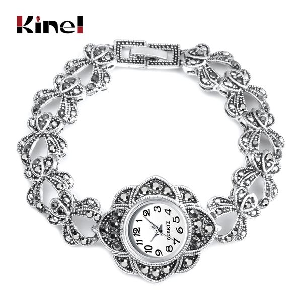 

kinel luxury antique silver wrist watch turkish rhinestone bracelet for women vintage wedding jewelry 2019 new, Slivery;brown