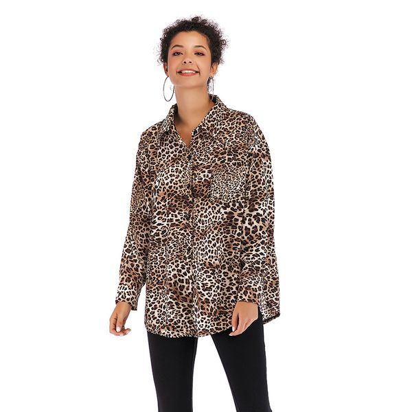 

fast-selling spring new women's single-breasted leopard-print shirt women's fashion turn-collar long-sleeved blouse, White