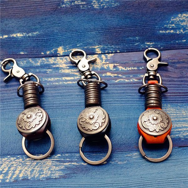 

retro handmade round shield genuine leather keychain first layer cowhide key chain trinket car keyrings keyholder locksmith, Silver