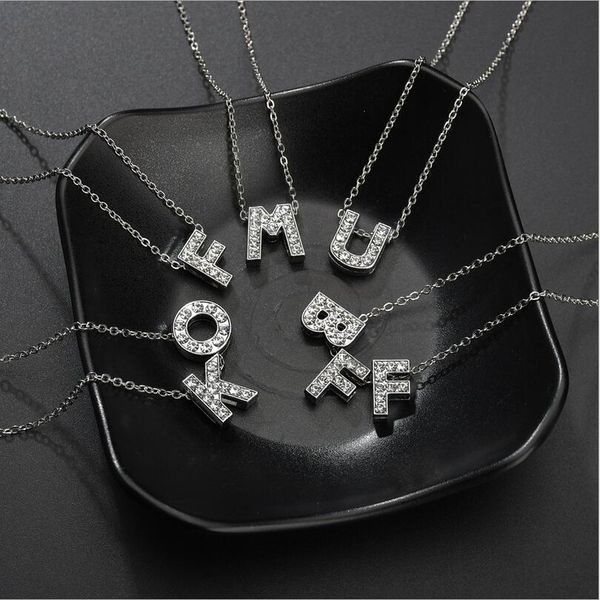 

fashion simple womens girl's silver plated crystal rhinestone initial alphabet letter a-z pendant chain alloy necklace