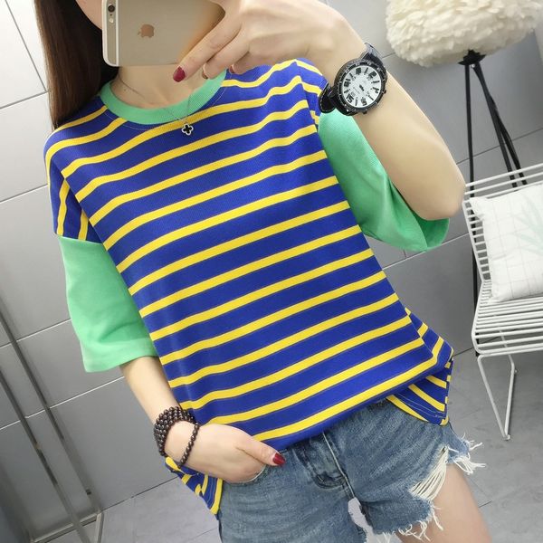 

dress 2020 european women's striped ice silk t-shirt t-shirt women's summer ocean style all-match fashion, White