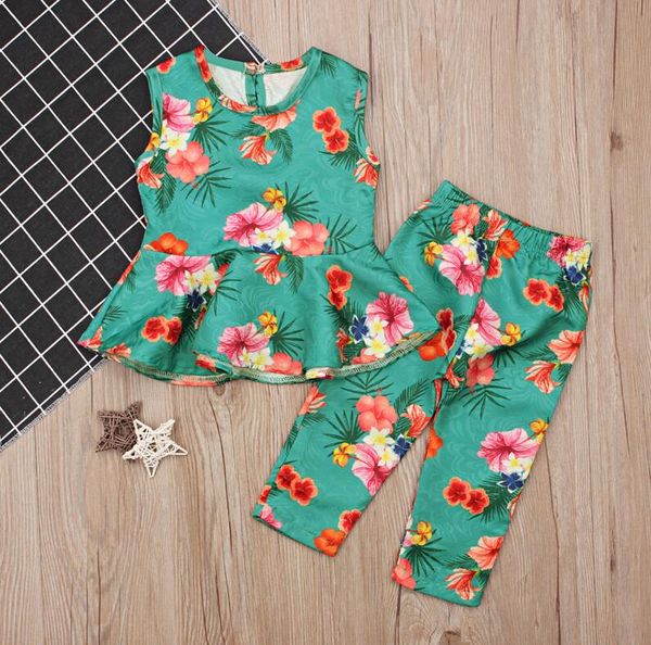 

summer baby girls suit 2018 new casual 1-5 years toddler children clothing set floral t-shrts flower pants kids clothes, White